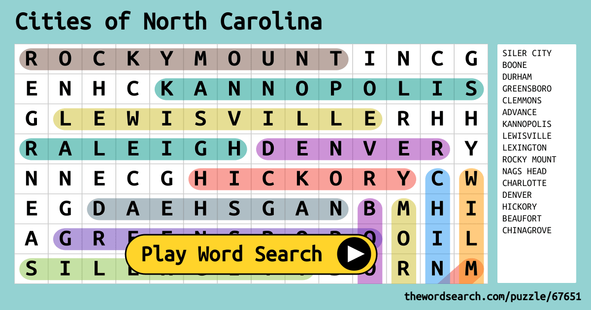 Cities of North Carolina Word Search