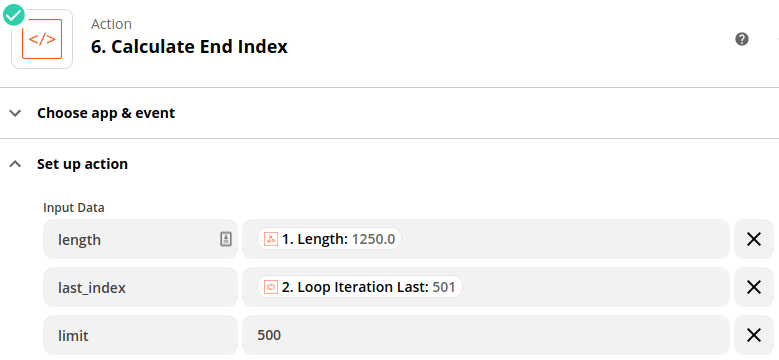 Input data to the Python code used to calculate the end index of the next iteration
