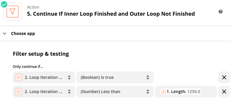 Filter to allow progression once the nested Zapier loop array action has finished and the outer loop still has more iterations to do