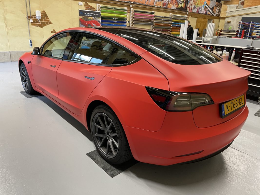 Carwrap project Tesla Model 3 Matte Red The Wrapfactory