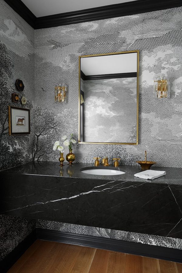 black and white walllpaperd powder room in traditional colonial home renovation black and white walllpaperd powder room in traditional colonial home renovation
