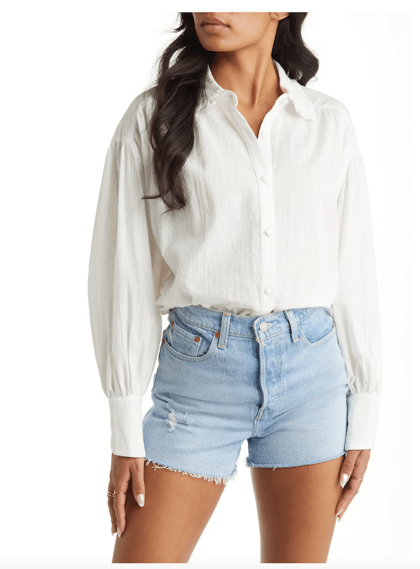 white button down top.