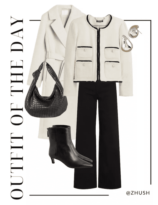 black and white woman's clothing outfit idea collage.