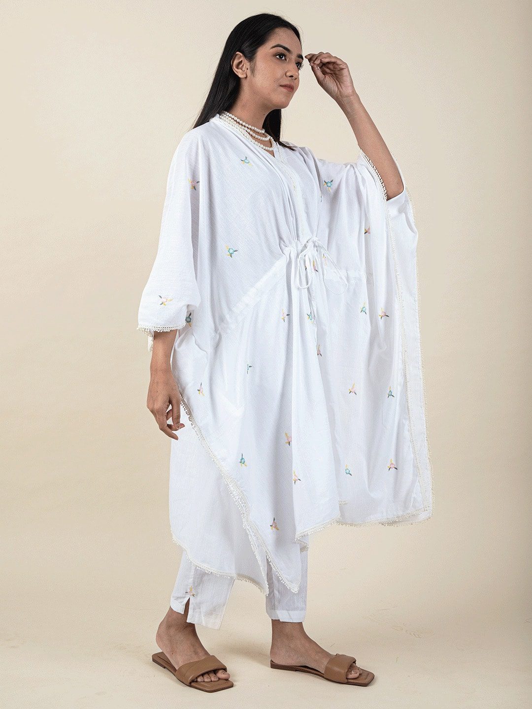 Buy White Embroidered Cotton Kaftan With Belt Online Zuri