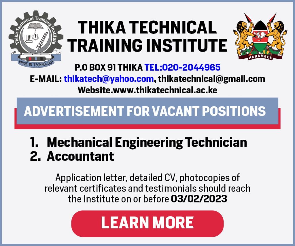 Job Vacancy November 2023 Thika Technical Training Institute