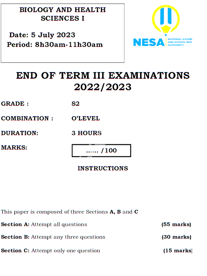 Biology examination for s2 of the end of third term, 2023 THINKBIG O