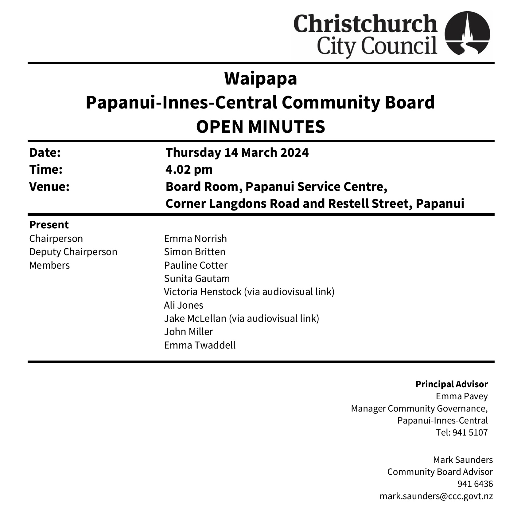 14 March Community Board meeting Think Papanui