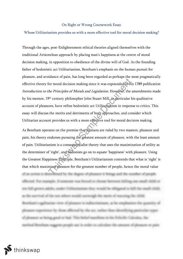 Essay for Ethics (Utilitarianism) Year 11 VCE Philosophy Thinkswap