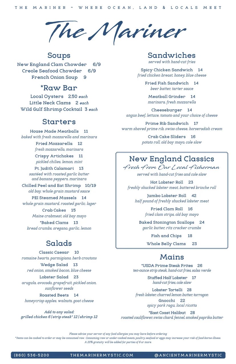The Mariner Menu & Info This Is Mystic, CT