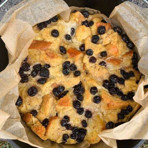 Easy Dutch Oven Bread Pudding with Blueberries