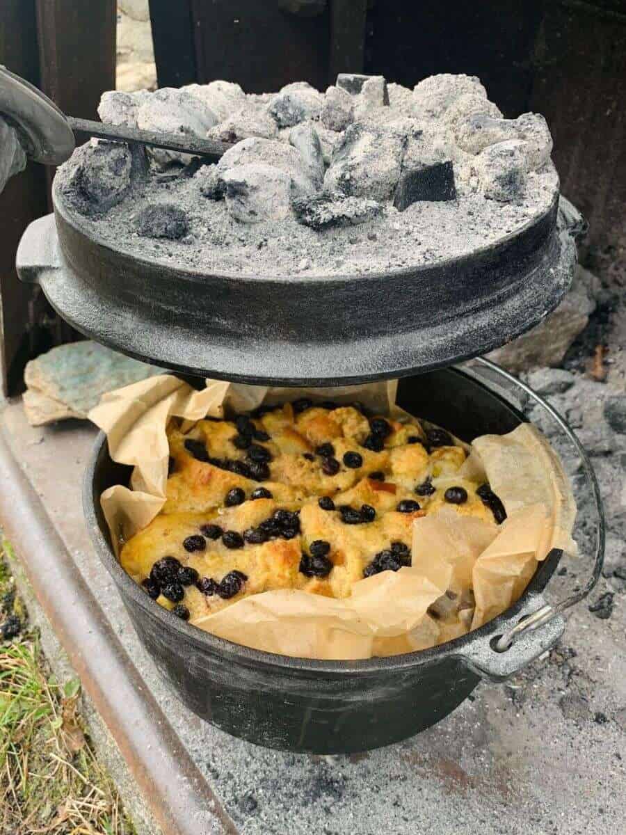 Easy Dutch Oven Bread Pudding with Blueberries