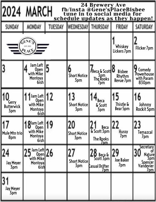 Monthly Bisbee Event Calendars This Week in Bisbee
