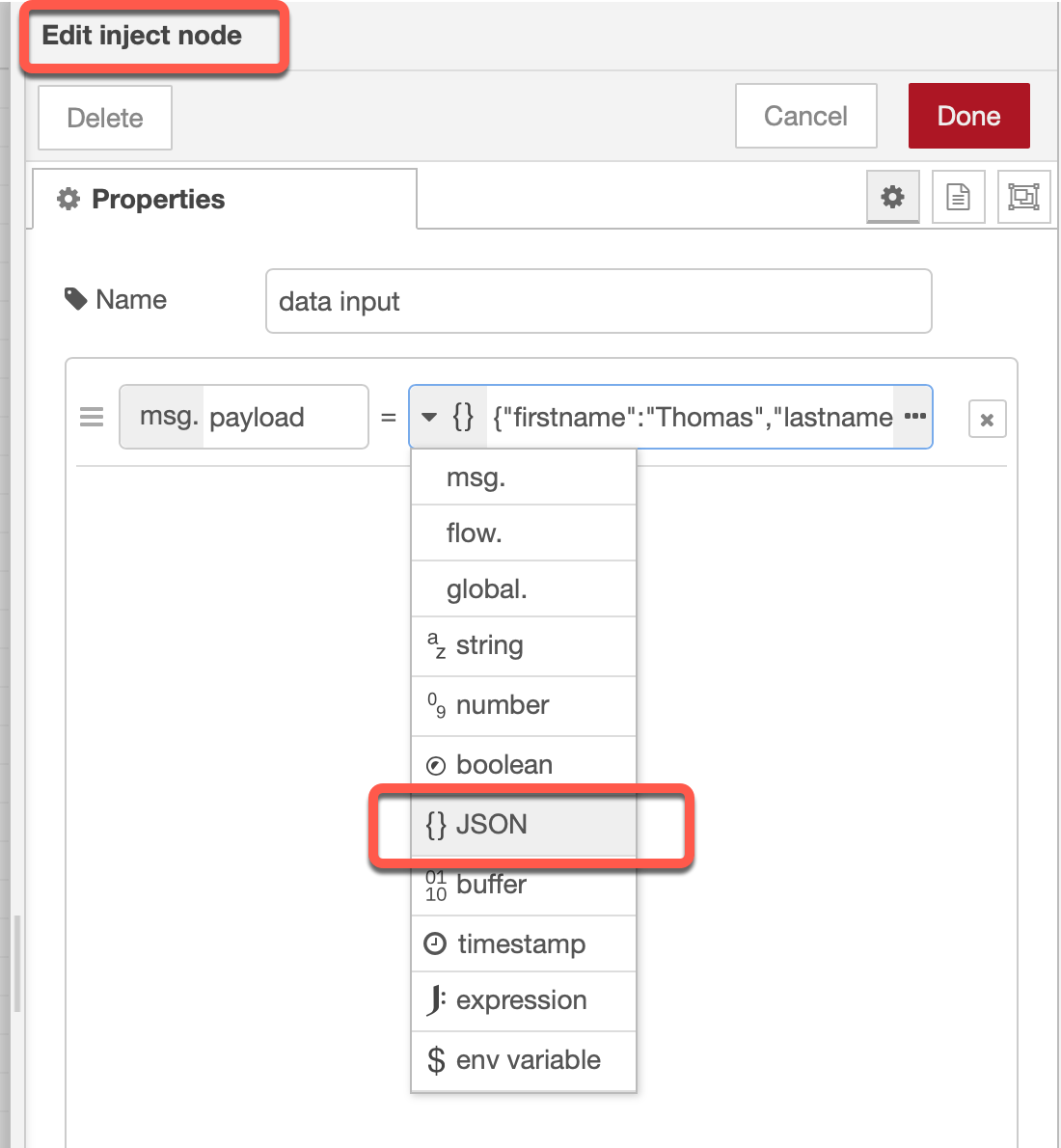Create data entries Absolute beginner NodeRED flow