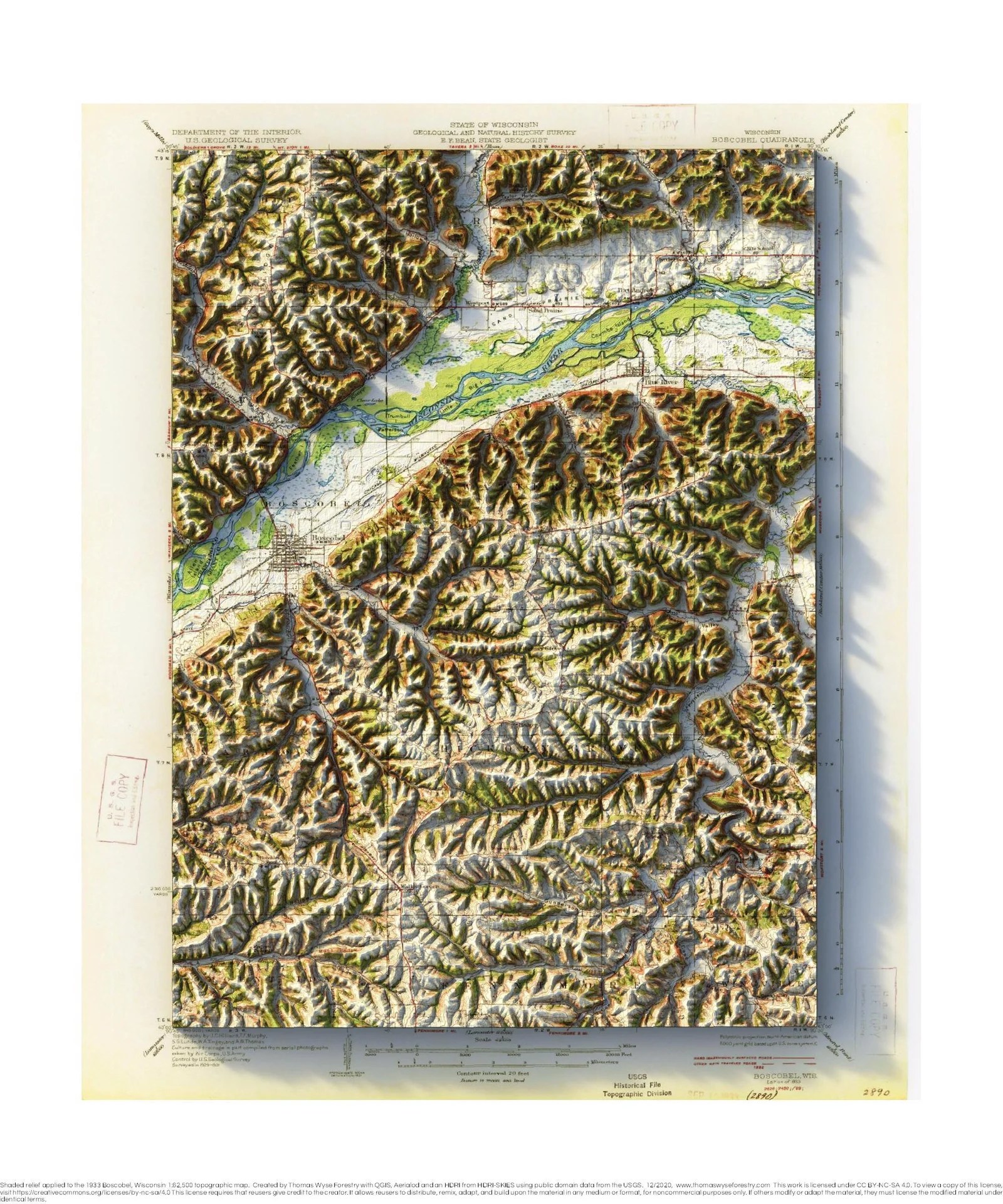 Boscobel, Wisconsin shaded relief topo map Thomas Wyse Forestry
