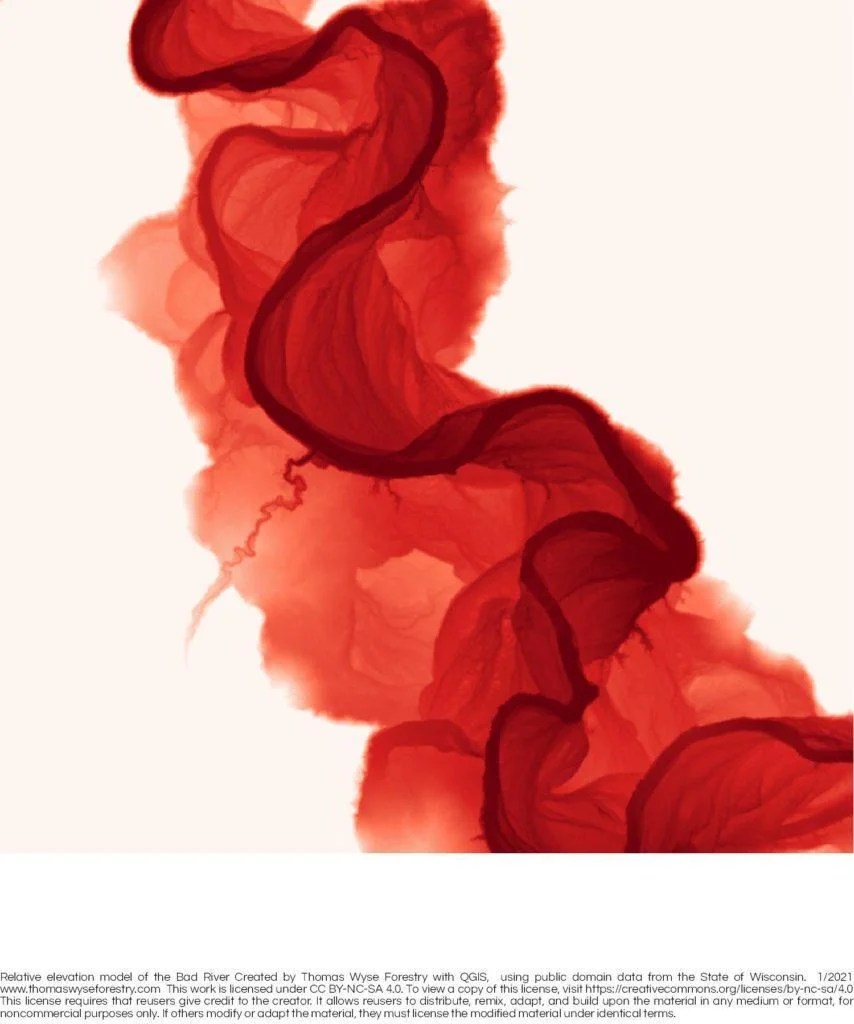 Mellen and the Bad River, Wisconsin shaded relief topo map Thomas