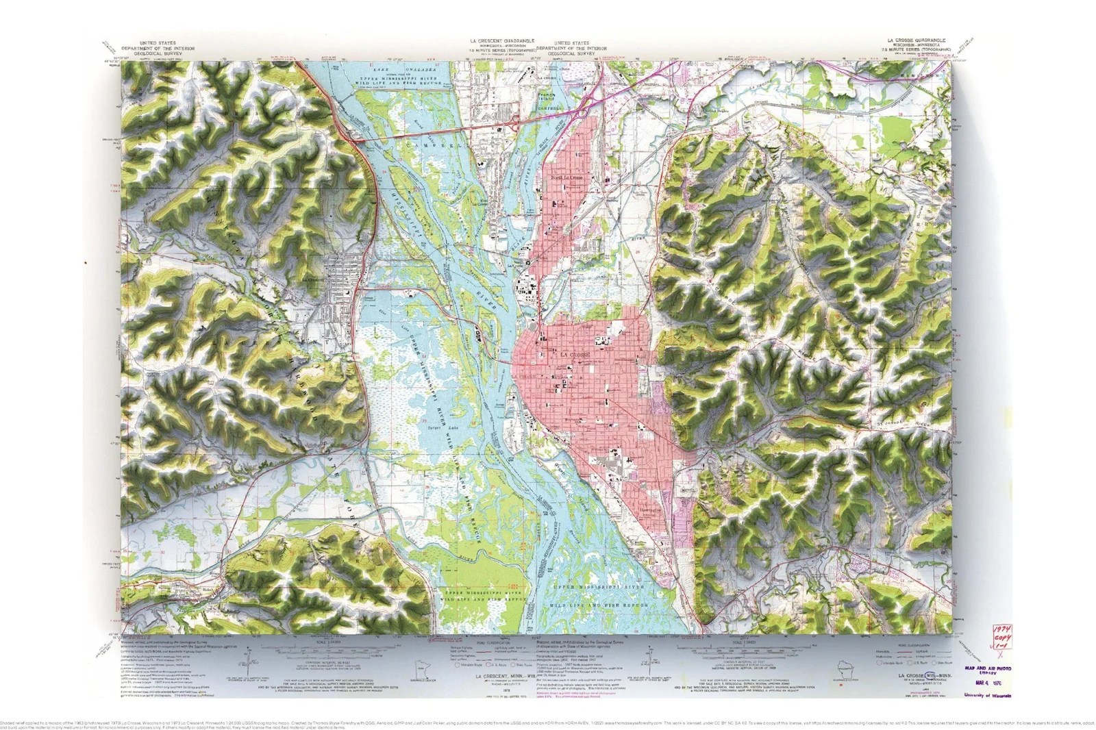La Crosse, Wisconsin and La Crescent, Minnesota mosaic shaded relief