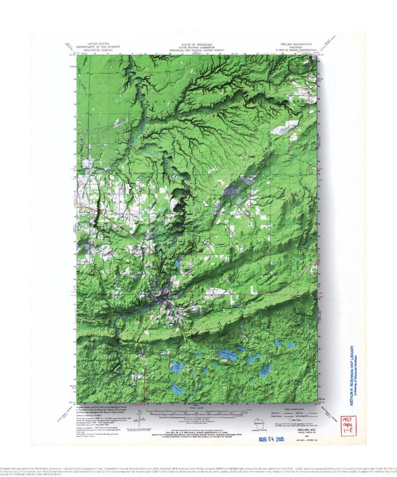 Mellen and the Bad River, Wisconsin shaded relief topo map Thomas