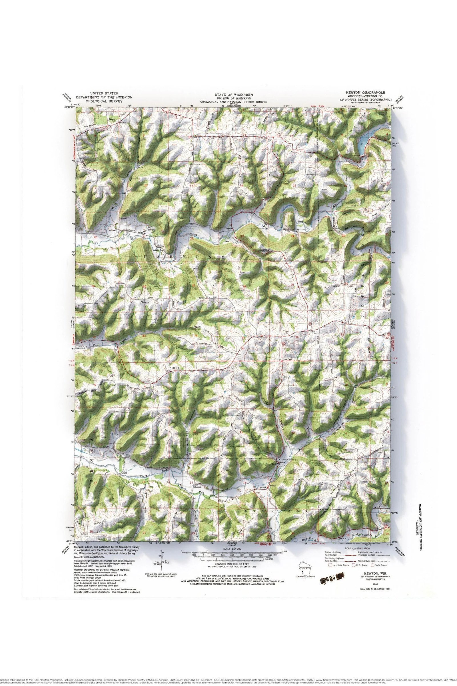 Newton, Wisconsin shaded relief topo map Thomas Wyse Forestry