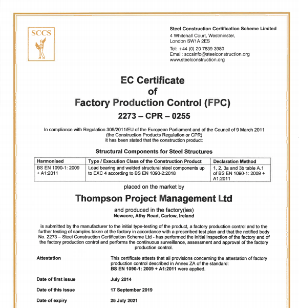 Structural Steel Certificates Thompson of Carlow
