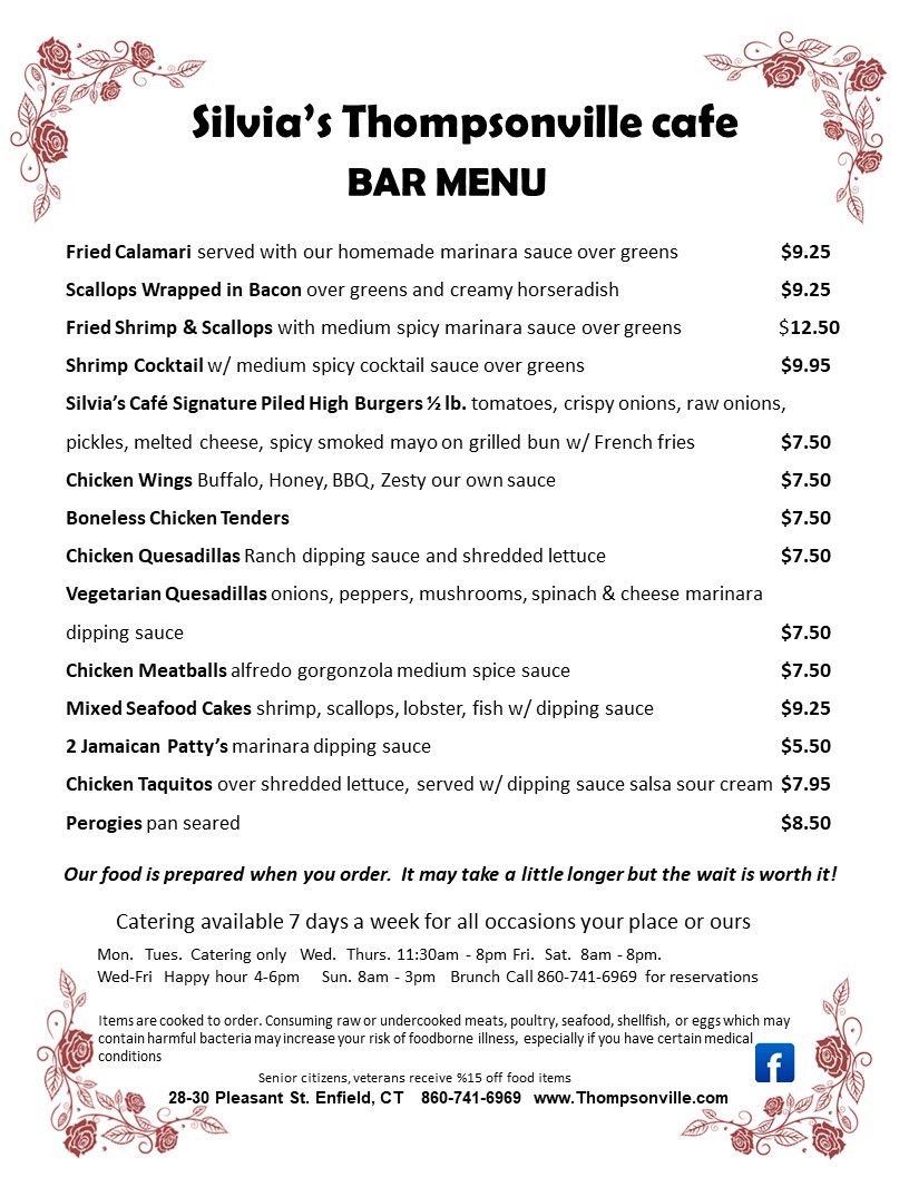 Bar Menu Silvias Thompsonville Cafe & Catering LLC is now Silvias