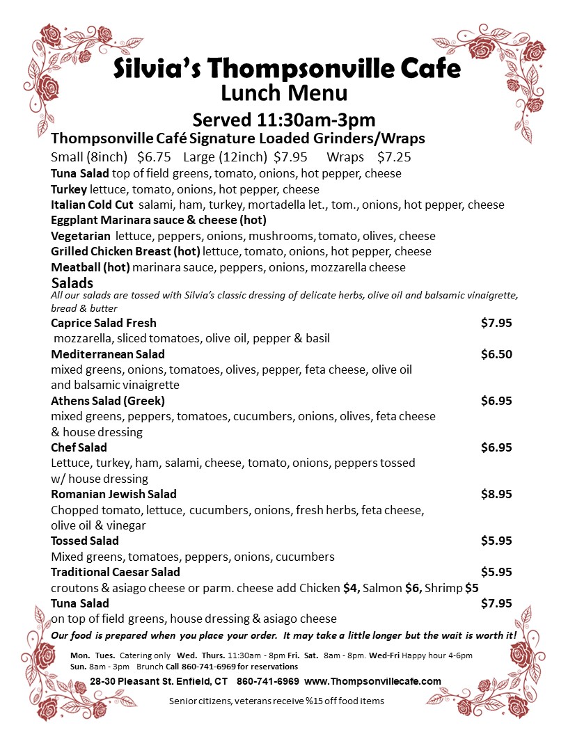 Lunch Menu Sliva's Thompsonville Cafe 28 Pleasant St., Enfield, CT