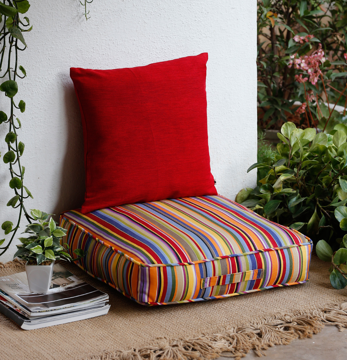 Sunny Stripe Cotton Floor Cushion Multi color Thoppia