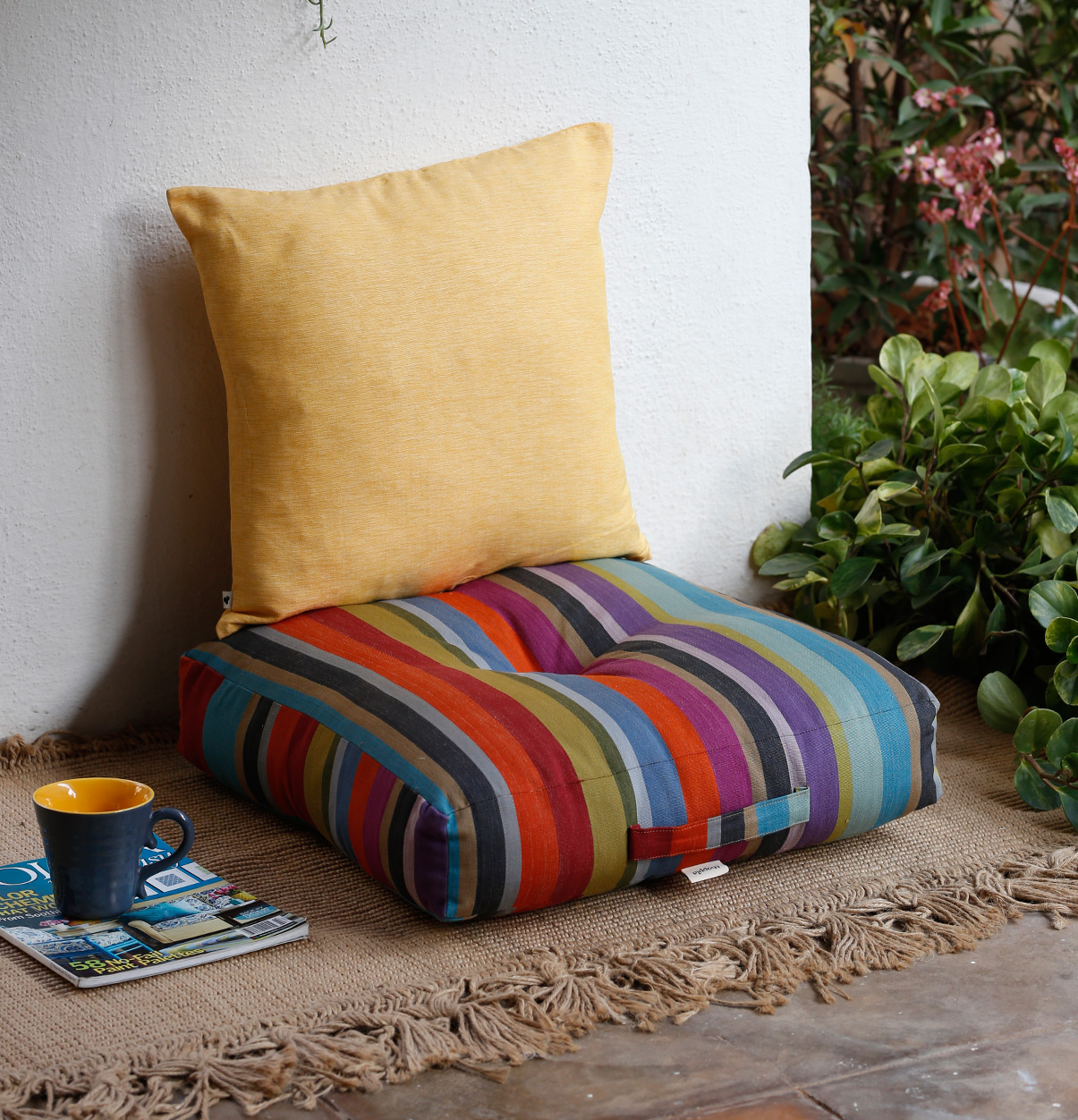 Rainbow Stripe Cotton Floor Cushion Multi color Thoppia