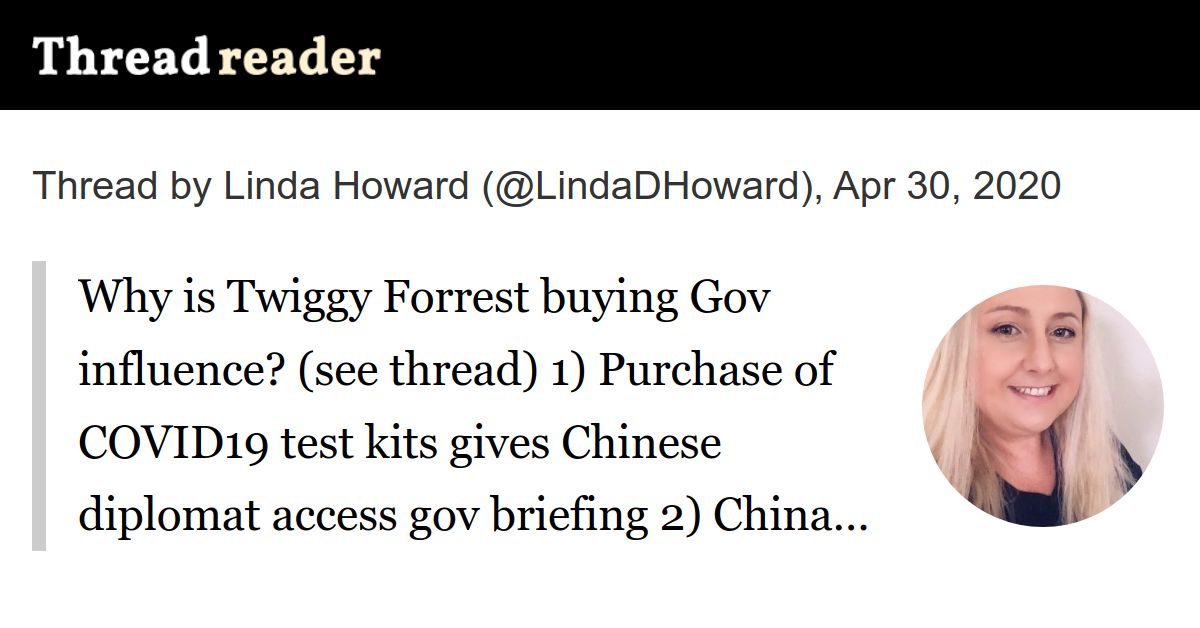 Thread by LindaDHoward Why is Twiggy Forrest buying Gov influence? (see thread) 1) Purchase of