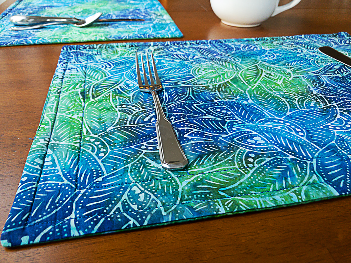 Deep Greens and Blues Reversible Two Fabric Placemat Threadway Design