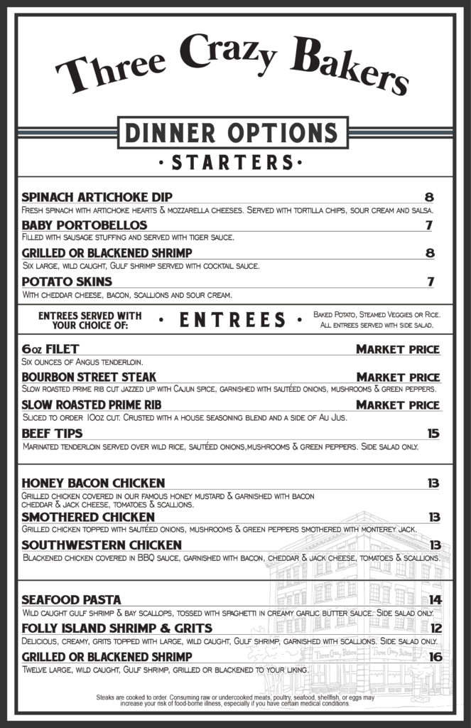 menu Three Crazy Bakers