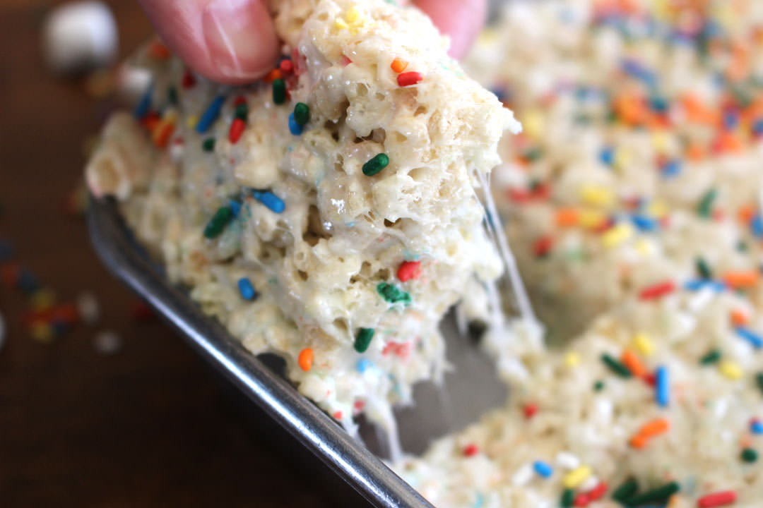 Cake Batter Rice Krispie Treats • The Three Snackateers