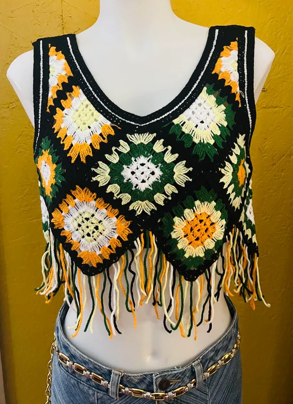 Boho Crochet Halter Top Green/Multi Color Throwback Junction