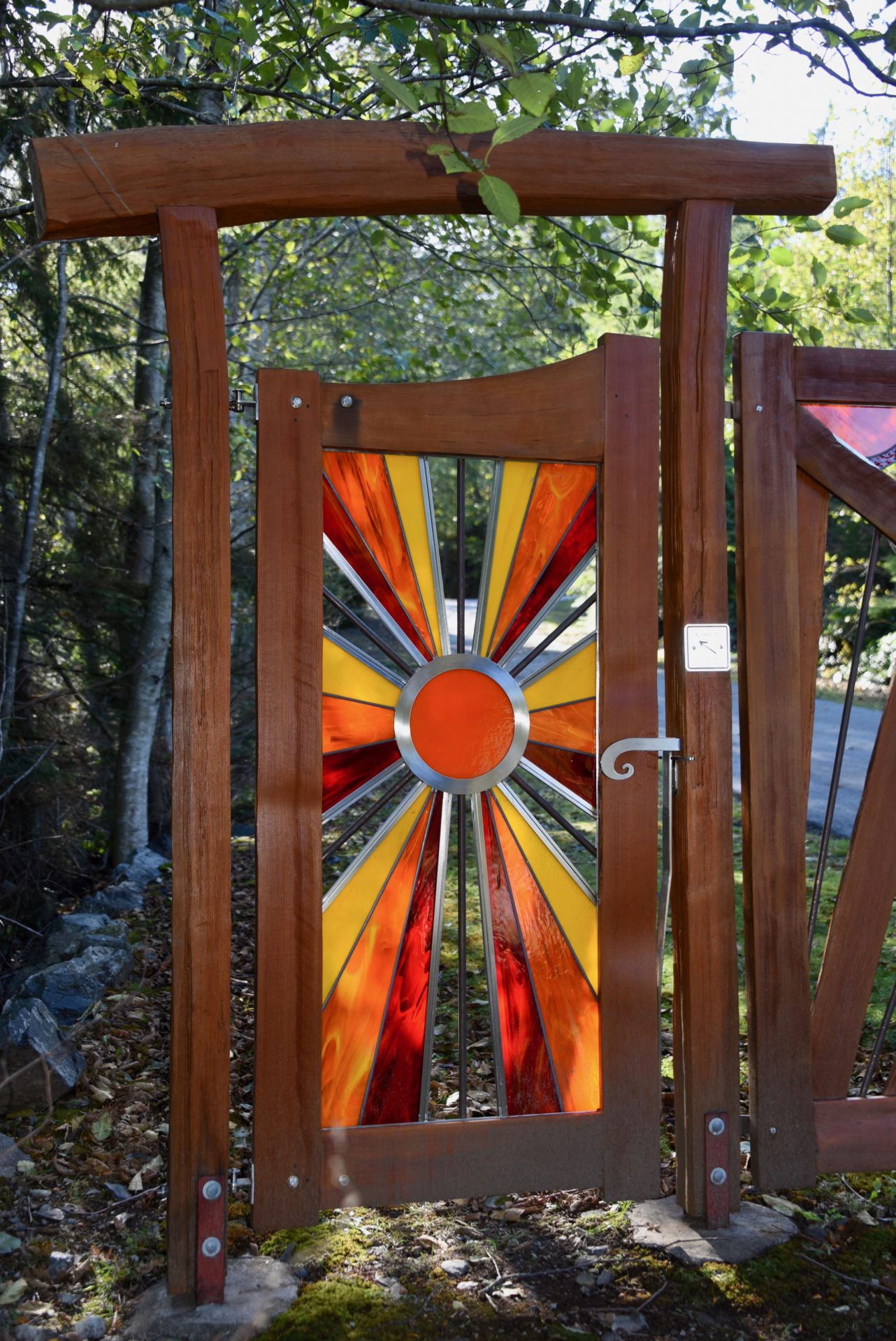Pedestrian Gate with Stained Glass Thuja Wood Art Reclaimed Cedar