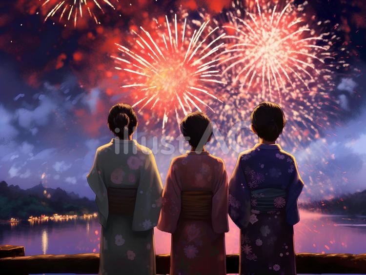花火を眺める浴衣女性達イラスト No 24033315｜無料イラスト・フリー素材なら「イラストAC」