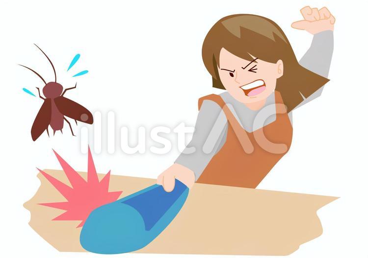 実は叩いて潰すのは危険！間違ったゴキブリ退治方法｜くらしの一括見積比較コンシェルジュ ゴキブリを叩く主婦（失敗）イラスト - No: 888299／無料イラストなら「イラストAc」