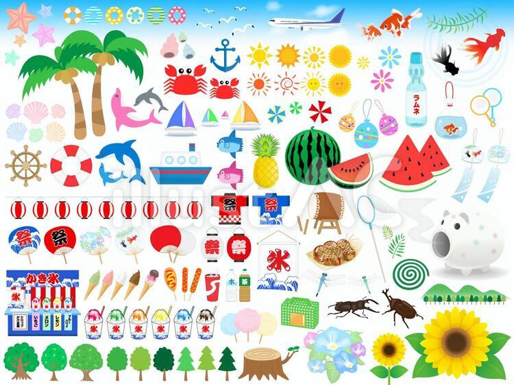 夏の海 | フリーイラスト素材のぴくらいく｜商用利用可能です 夏休みイラストセットイラスト - No: 485256／無料イラストなら「イラストAc」
