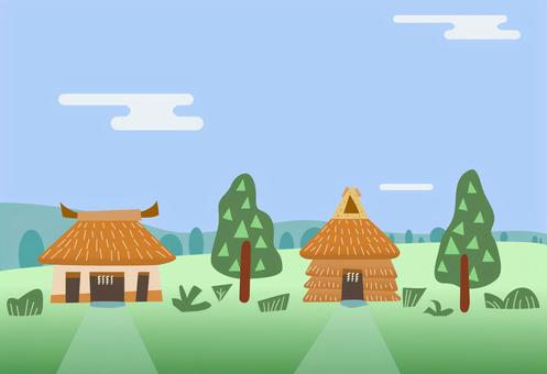 ふるさと風景イラスト 花畑の中でおにぎりを頬張る男の子と花を摘む女の子 ふるさとイラスト／無料イラストなら「イラストAc」