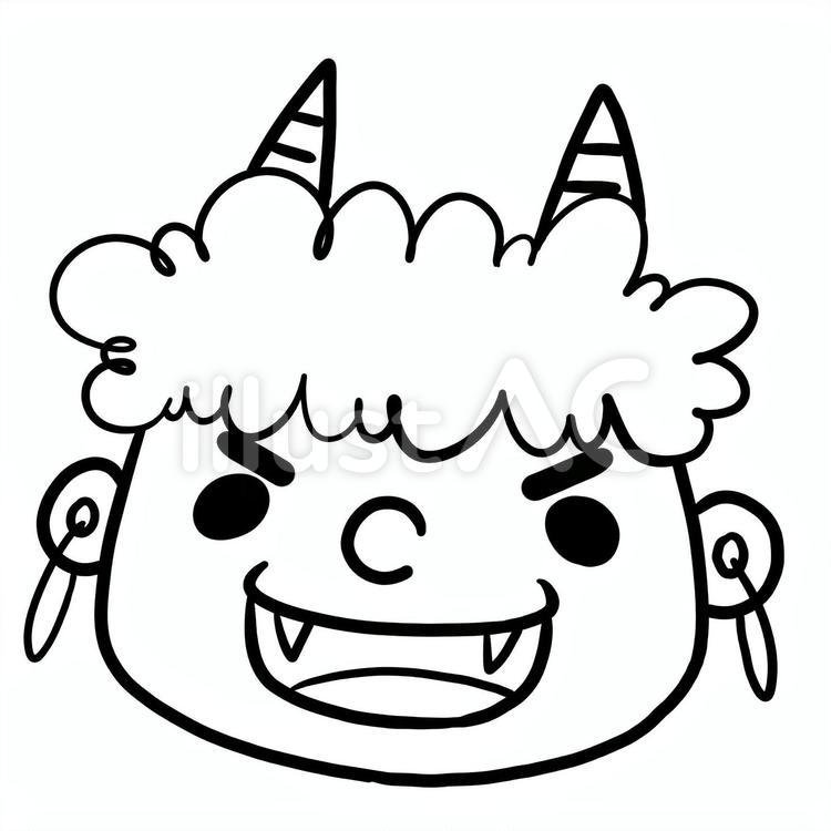 節分角2本口開ける鬼のお面線画塗絵イラスト No 1020774／無料イラストなら「イラストAC」