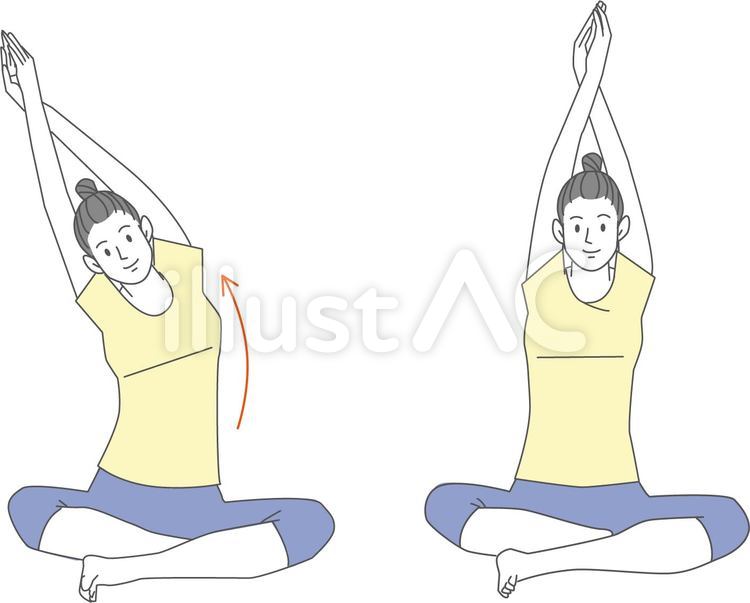わき腹伸ばしストレッチ：今日の1ポーズストレッチ：日経Gooday（グッデイ） ストレッチ_脇腹伸ばしイラスト - No: 2571230／無料イラストなら「イラストAc」
