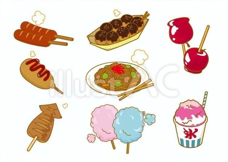 縁日 祭 屋台 出店 食べ物 セット 水彩 イラスト [135391372] - イメージマート お祭り屋台の食べ物イラスト - No: 1546172／無料イラストなら「イラストAc」