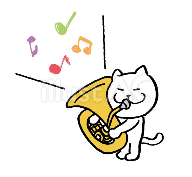 スッポリと楽器にハマって音を消す猫さん。飼い主さんがそのまま吹き続けると、可愛い反応が返ってきた ( *´艸｀)♪ | エウレカ！ 猫 楽器イラスト - No: 1529854／無料イラストなら「イラストAc」