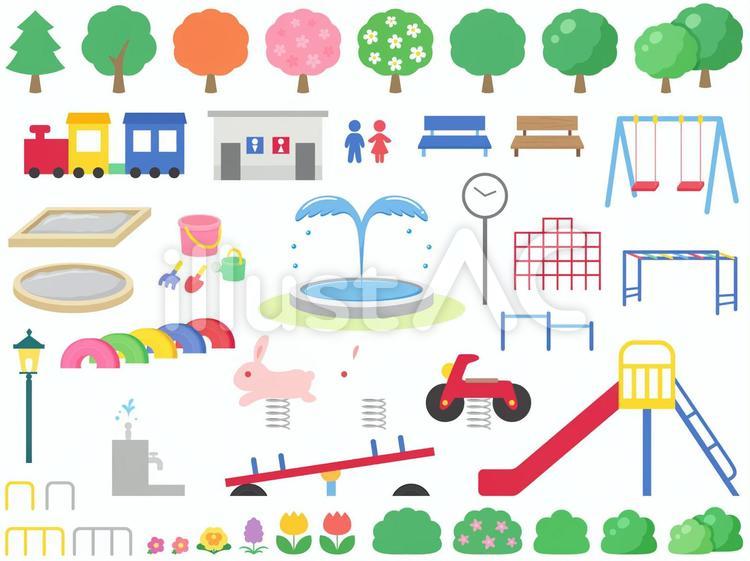 手描きの地図素材 イラスト素材 [ 3932528 ] - フォトライブラリー Photolibrary 公園の遊具と木のアイコンセットイラスト - No: 1071976／無料イラストなら「イラストAc」