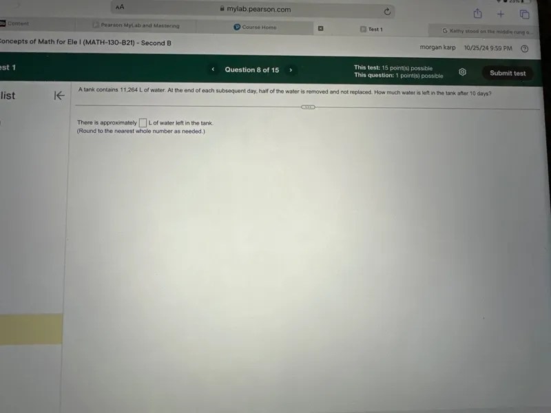 A tank contains 11,264 L of water. At the end of e Solvely