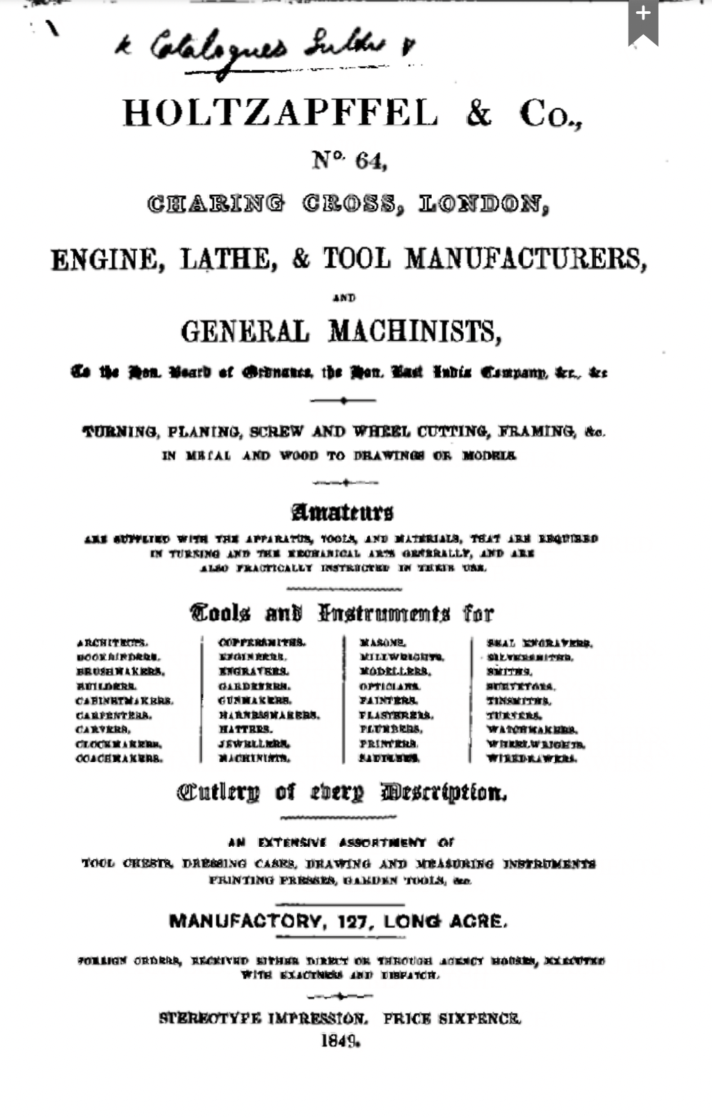 Holtzapffel & Co. Engine Lathe & Tool Catalogue No. 64 1849