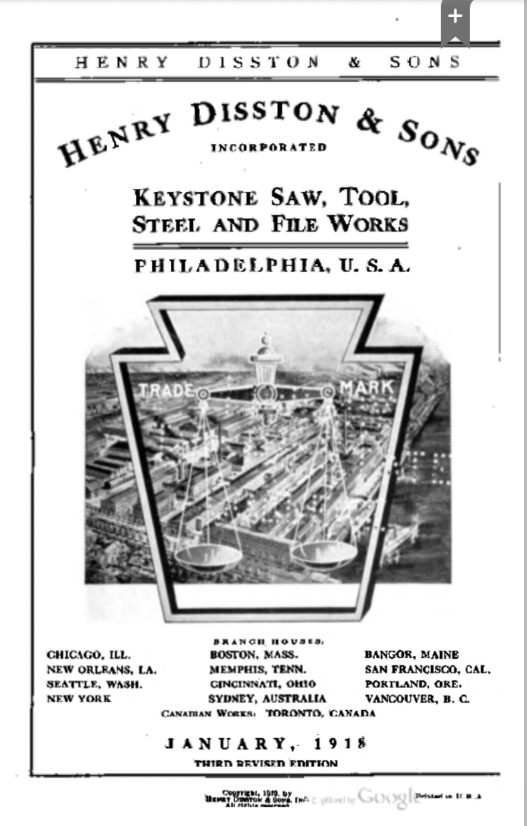 Henry Disston & Sons Inc. 3rd Revised Edition of 1918 Catalog 1923