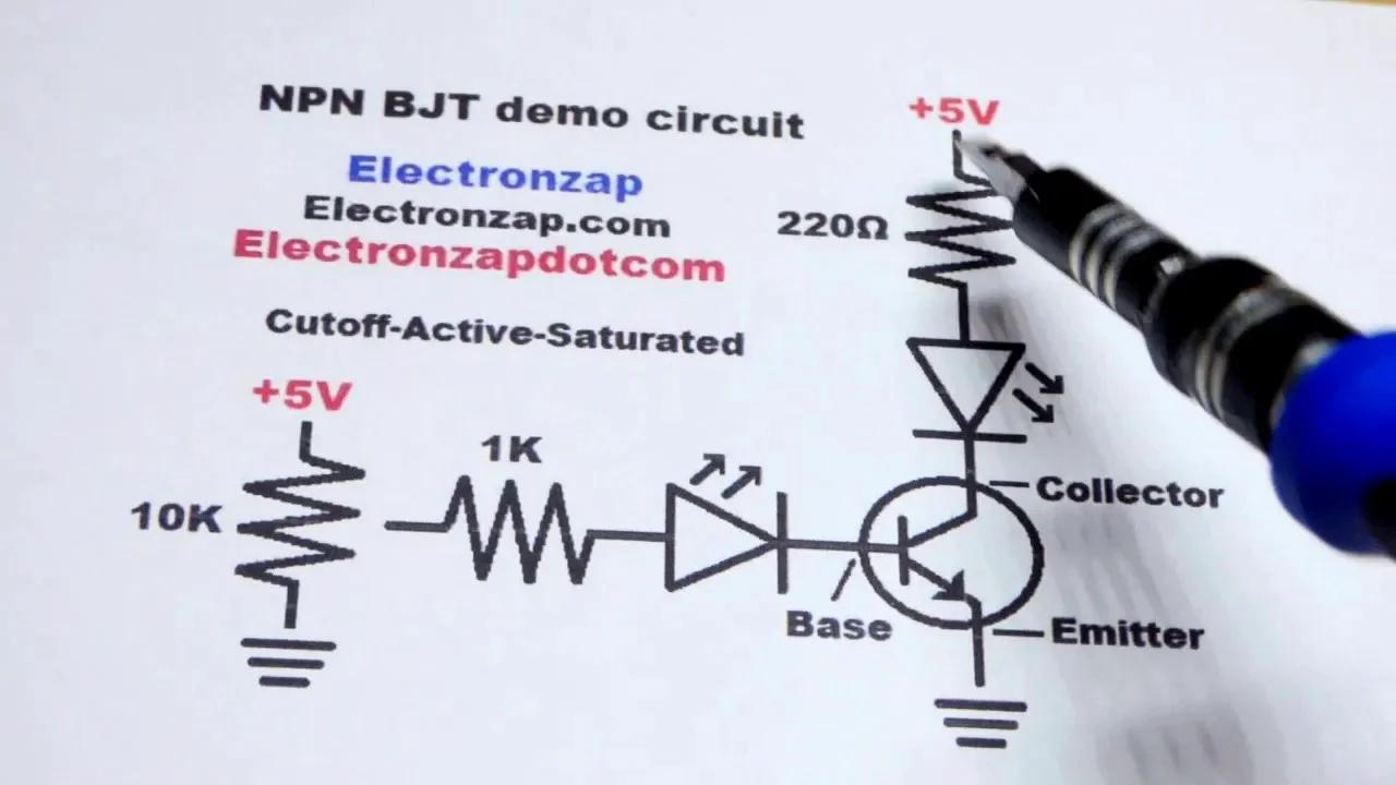 NPN bipolar junction transistor BJT basic electronics properties demonstrated with LEDs
