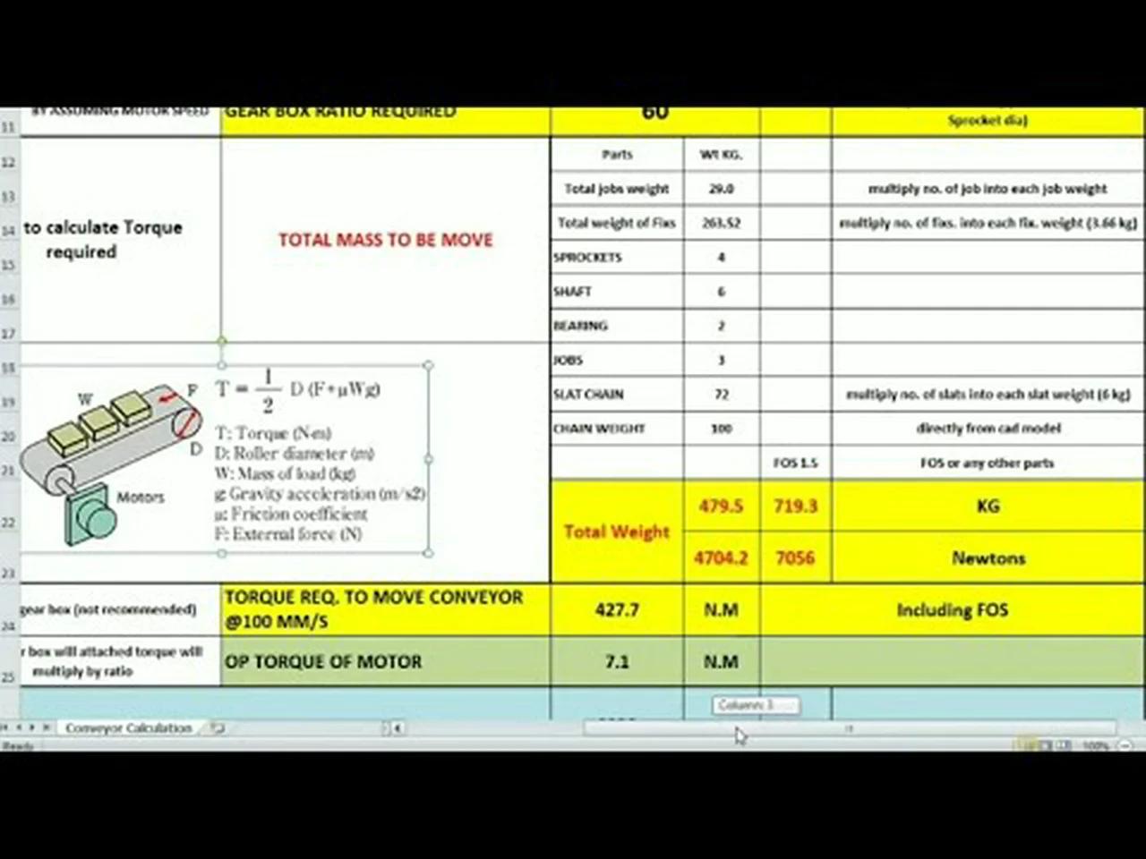 Excel Calculator for Motor & GearBox Selection Conveyor Calculations