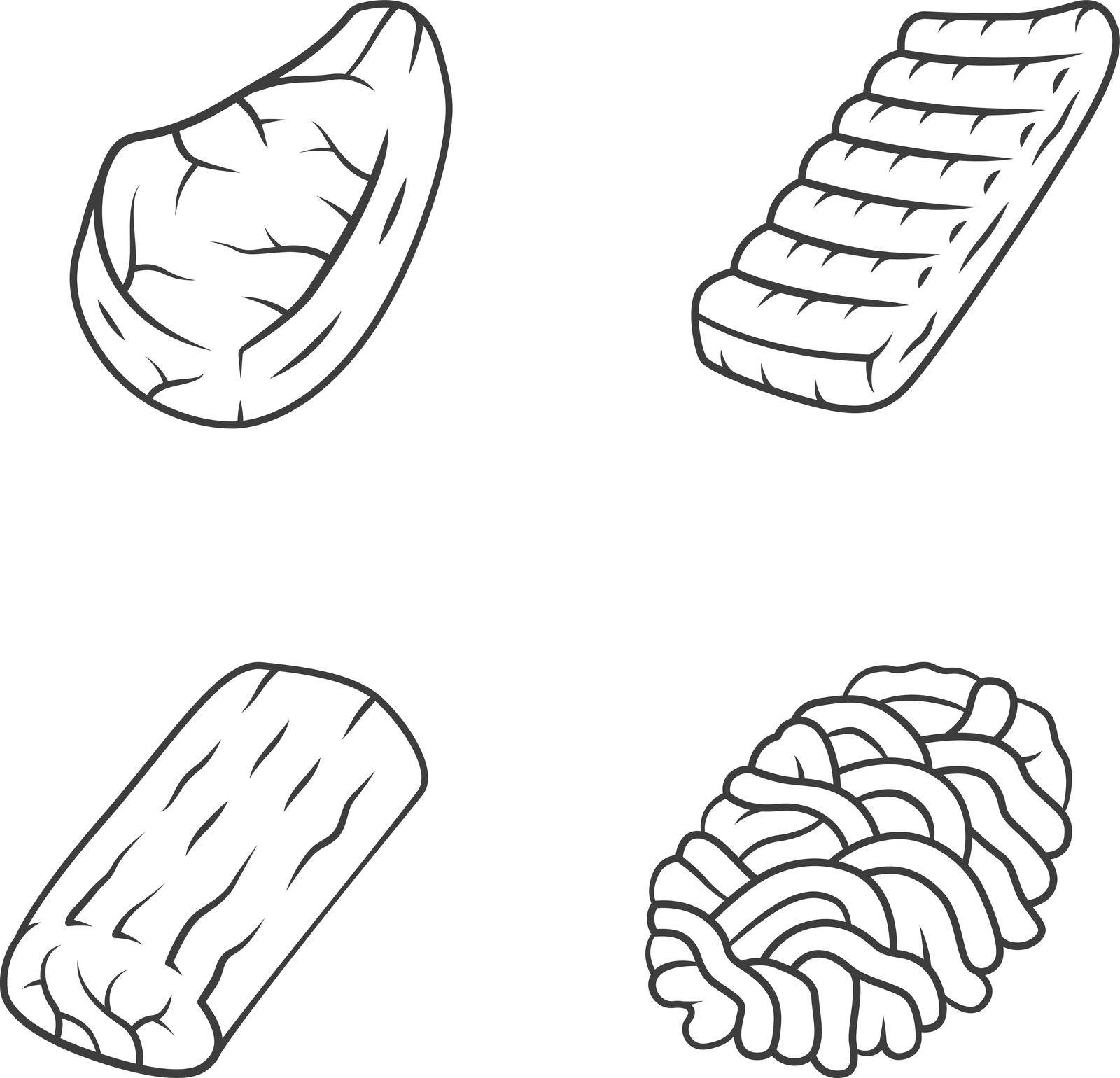 Butchers meat linear icons set. Ground meat, pork steak, pork roast