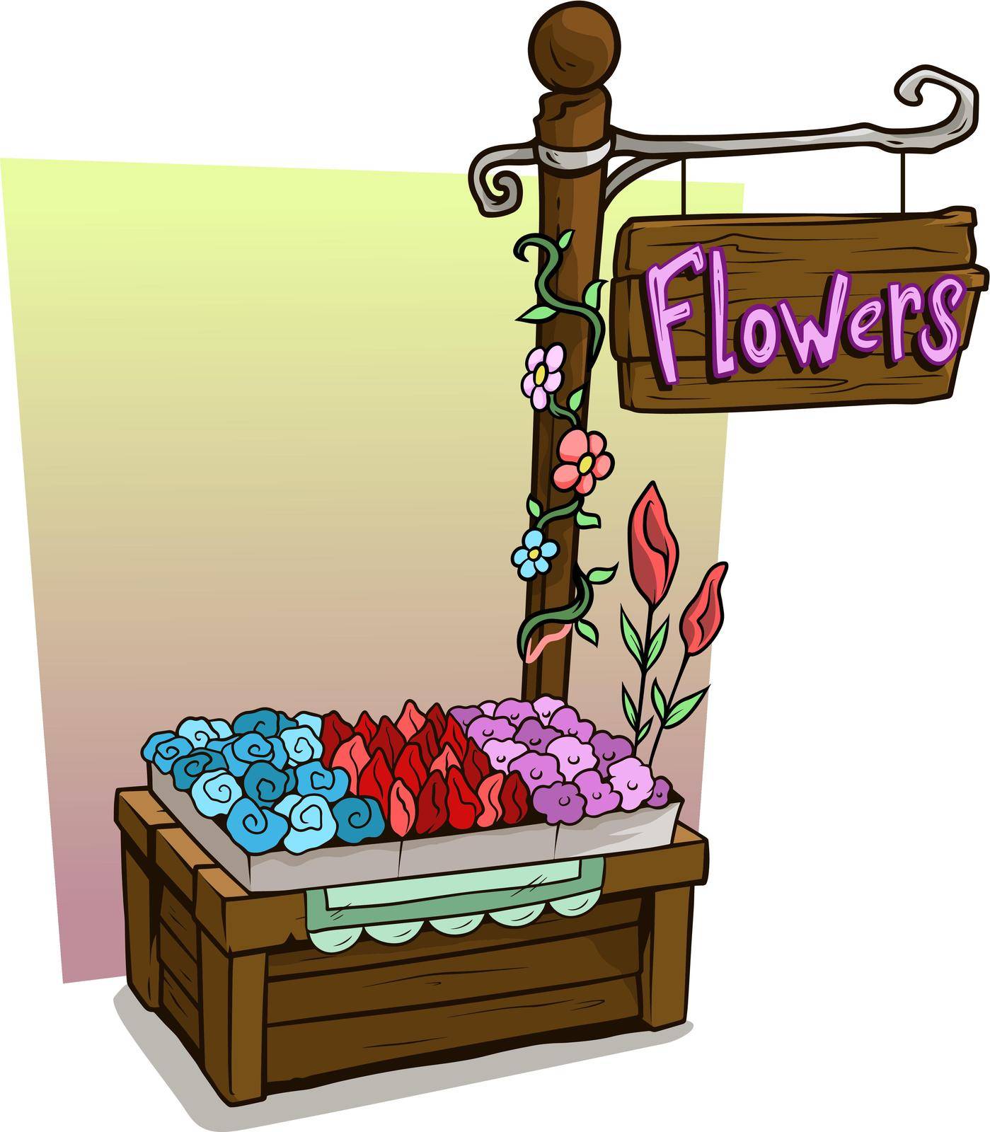 Cartoon flowers vendor booth market wooden stand Stock Image