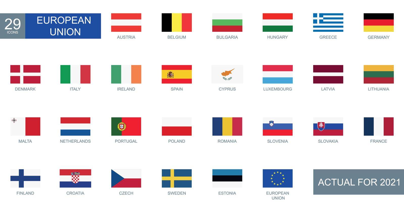 Set of all flags of European countries in rectangular shape with